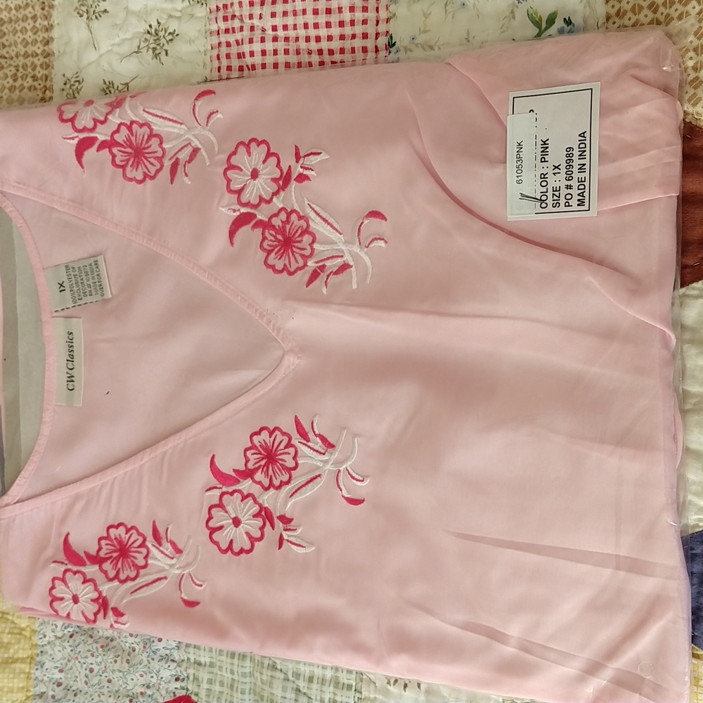 Pink Embroidered V-Neck Blouse